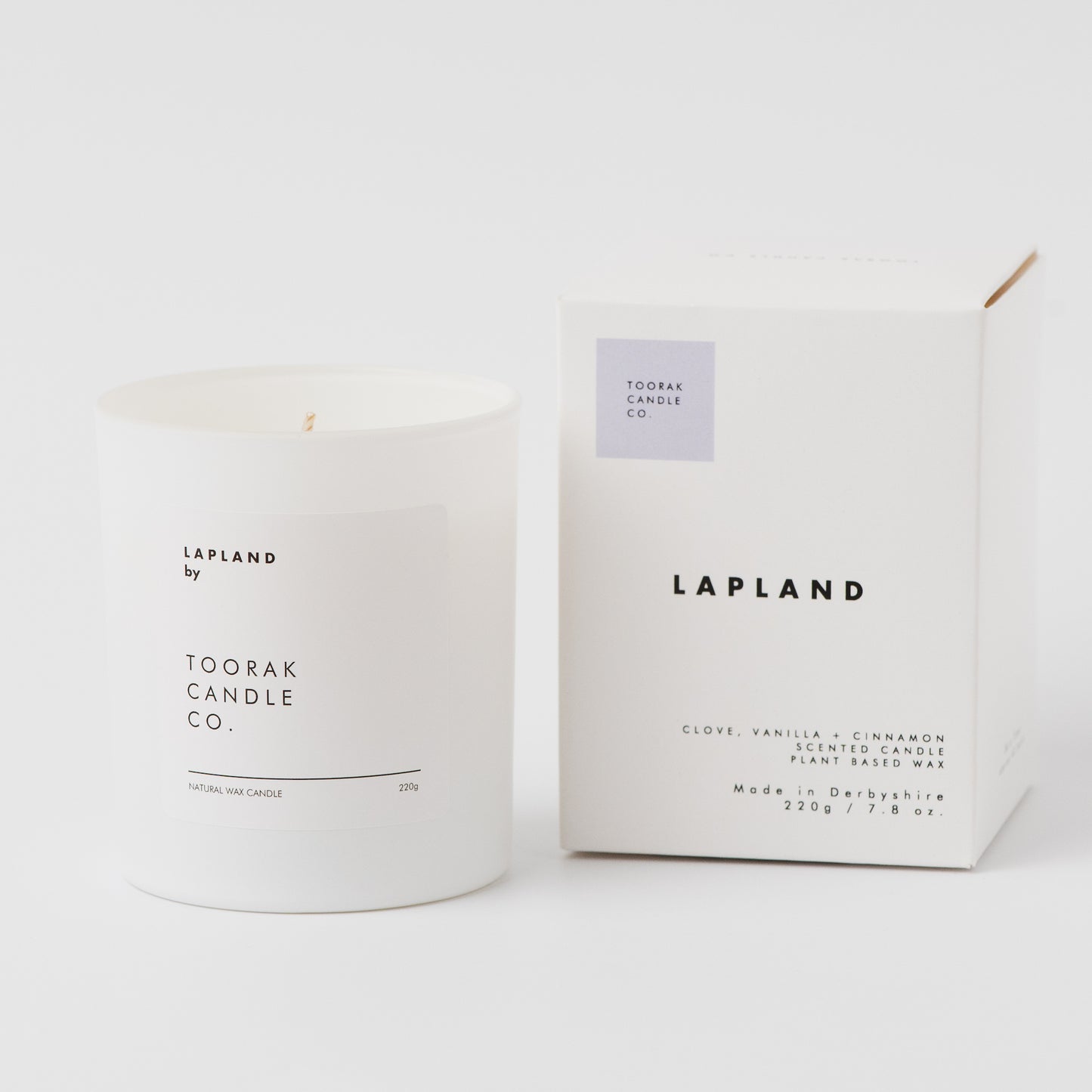 Lapland candle by Toorak Candle Co with its packaging on a white background