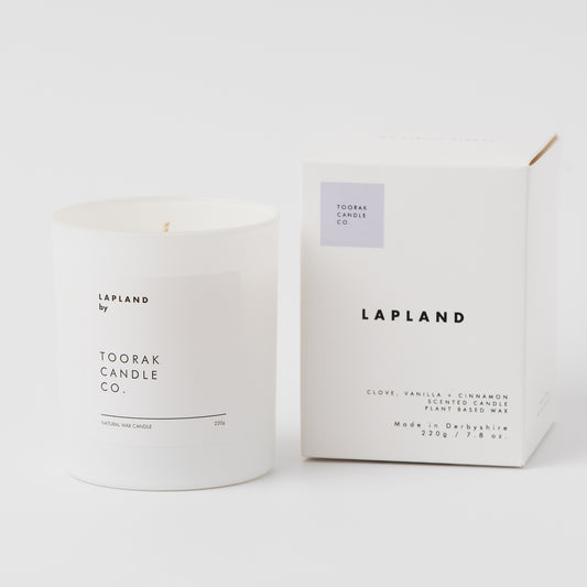 Lapland candle by Toorak Candle Co with its packaging on a white background