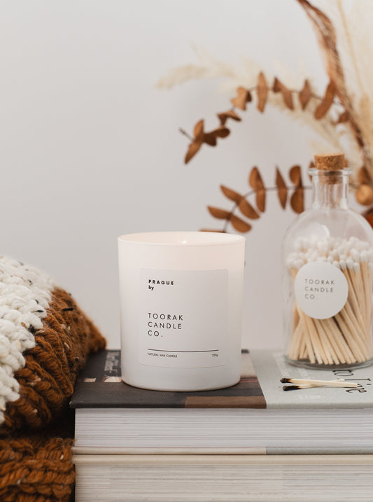 Coconut Wax candle with matches on a stack of books against a neutral background