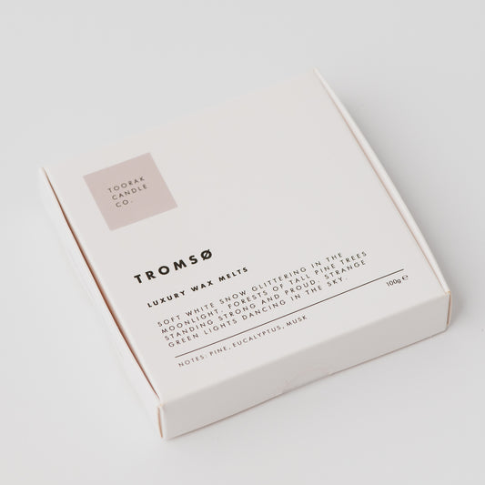 TROMSO wax melts in minimal packaging box on a plain white background